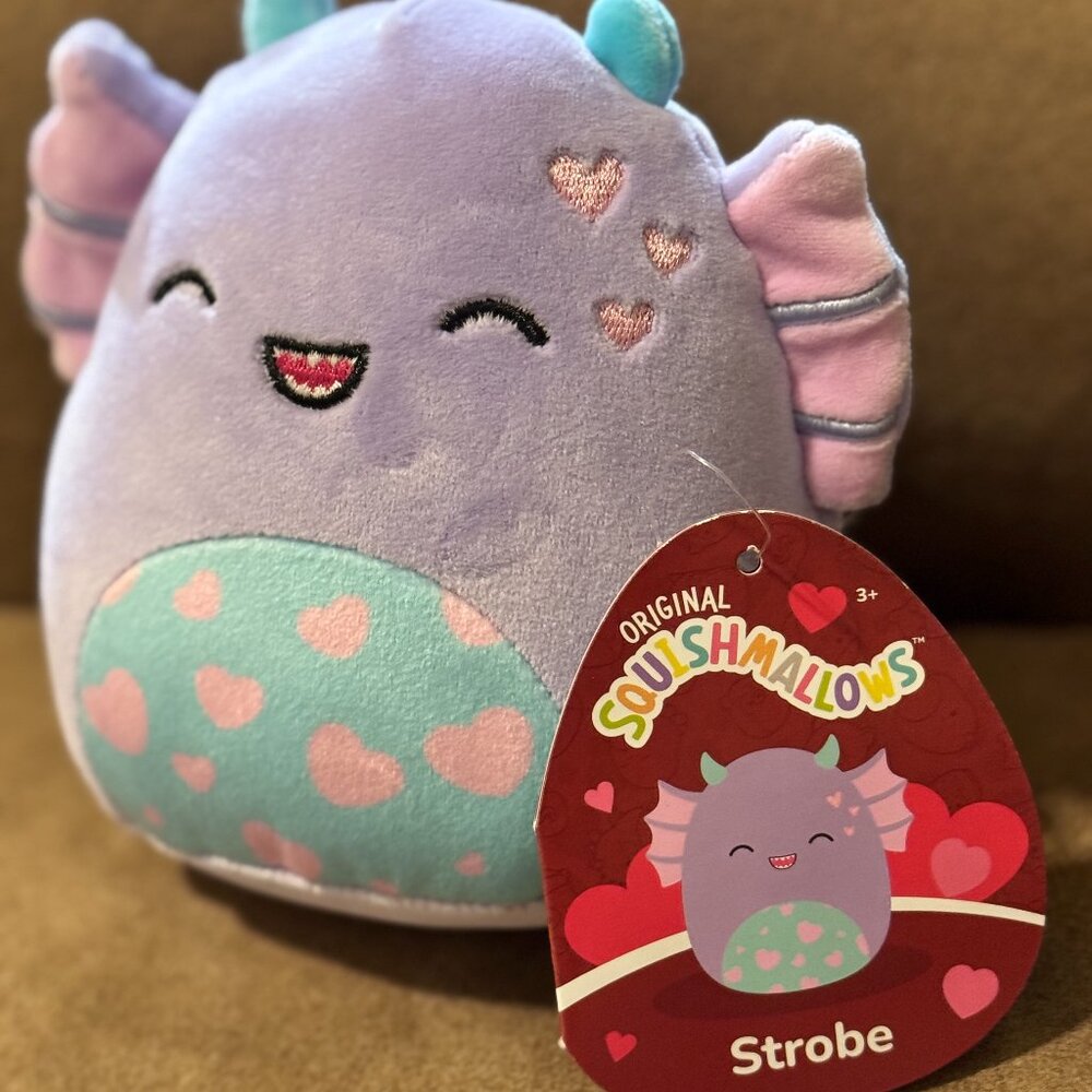 Squishmallows Strobe 8” Purple Dragon Plush – Hearts & Wings – New With Tag